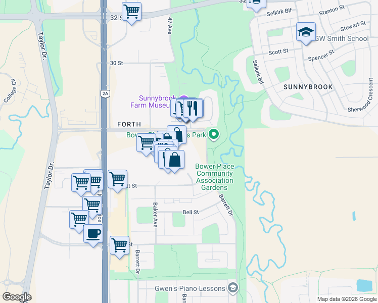 map of restaurants, bars, coffee shops, grocery stores, and more near 4900 Molly Banister Drive in Red Deer