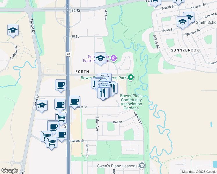 map of restaurants, bars, coffee shops, grocery stores, and more near 4900 Molly Banister Drive in Red Deer