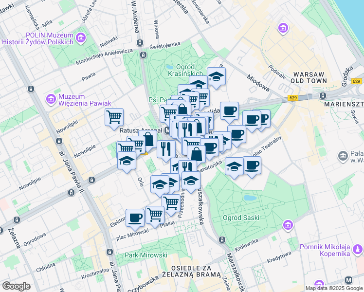 map of restaurants, bars, coffee shops, grocery stores, and more near 2 plac Bankowy in Warszawa