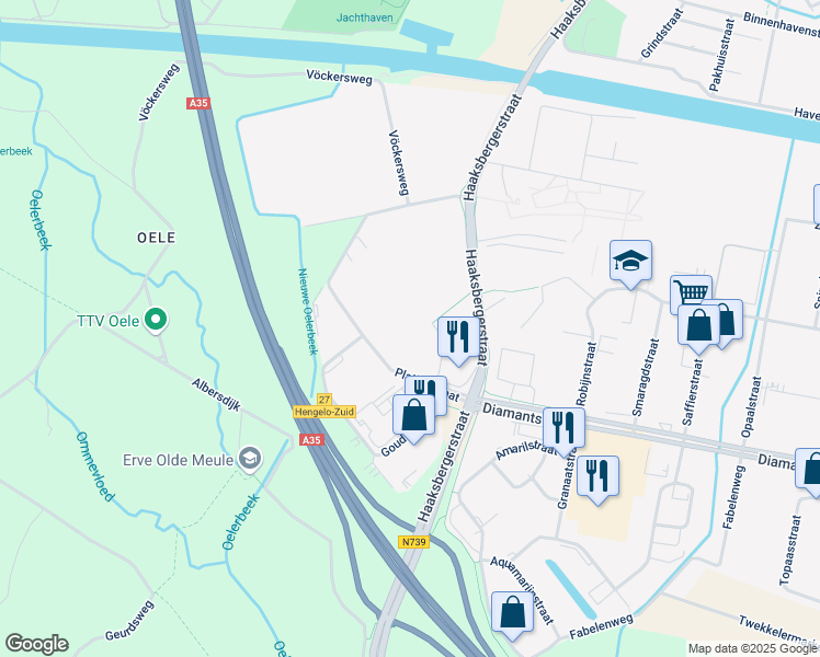 map of restaurants, bars, coffee shops, grocery stores, and more near 50 Platinastraat in Hengelo