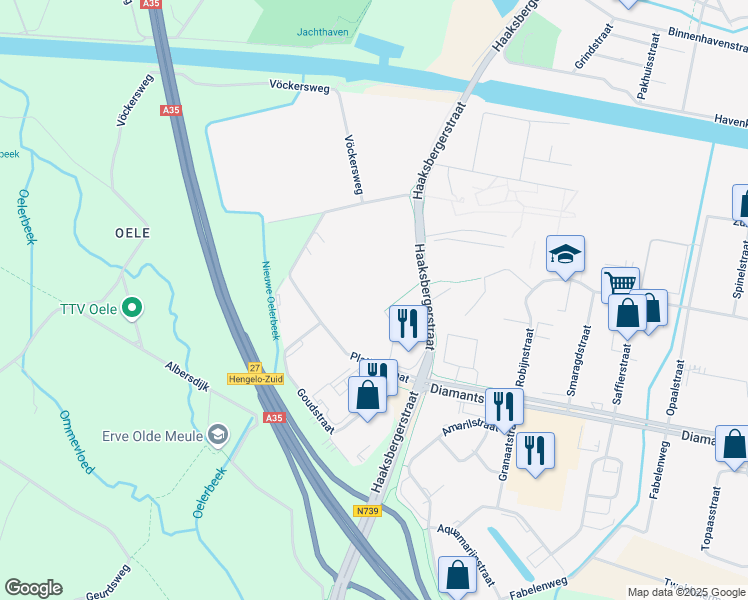 map of restaurants, bars, coffee shops, grocery stores, and more near 50 Platinastraat in Hengelo