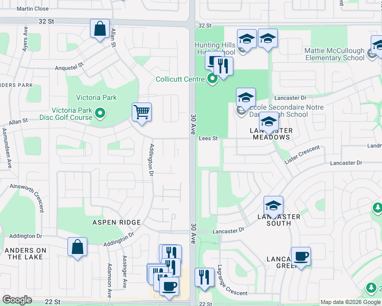 map of restaurants, bars, coffee shops, grocery stores, and more near 2726 30 Ave in Red Deer