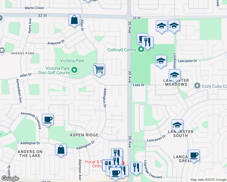 map of restaurants, bars, coffee shops, grocery stores, and more near 15 Amer Close in Red Deer