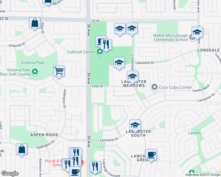 map of restaurants, bars, coffee shops, grocery stores, and more near 61 Lees Street in Red Deer