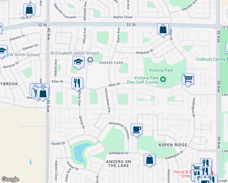 map of restaurants, bars, coffee shops, grocery stores, and more near 8 Aikman Close in Red Deer