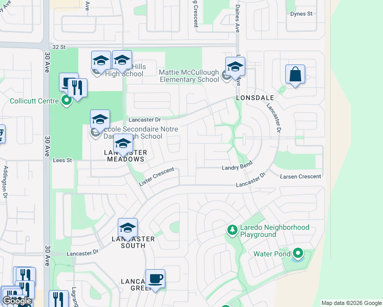 map of restaurants, bars, coffee shops, grocery stores, and more near 44 Lacey Close in Red Deer