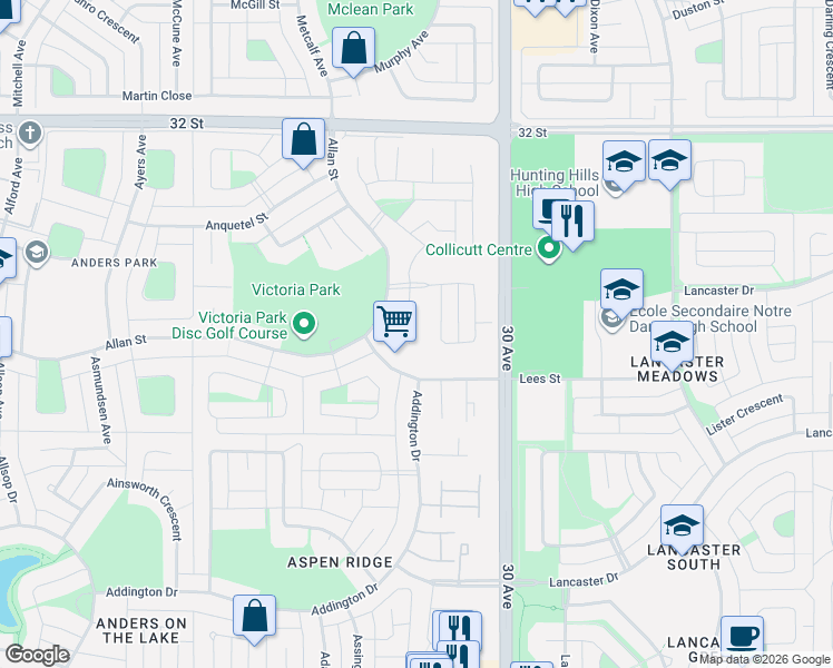 map of restaurants, bars, coffee shops, grocery stores, and more near 46 Avery Street in Red Deer