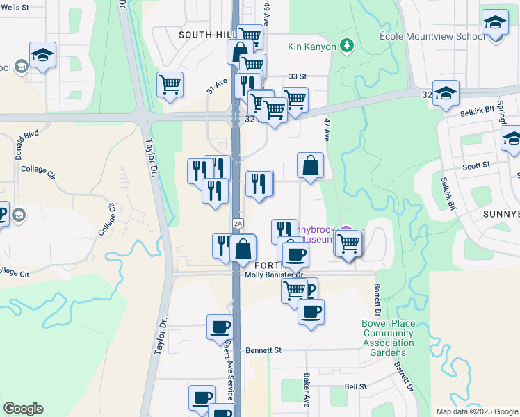 map of restaurants, bars, coffee shops, grocery stores, and more near 4760 30 Street in Red Deer
