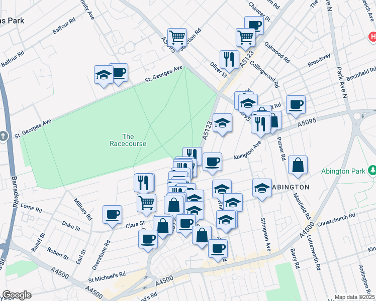 map of restaurants, bars, coffee shops, grocery stores, and more near in West Northamptonshire