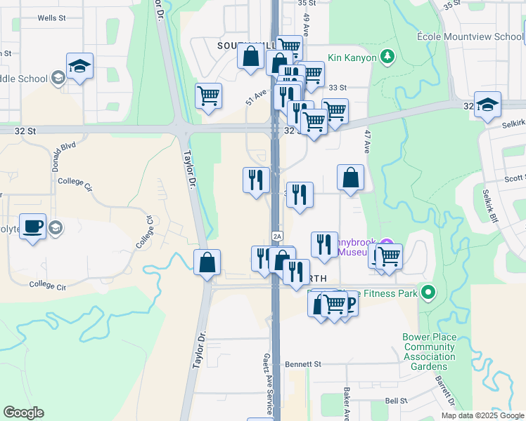 map of restaurants, bars, coffee shops, grocery stores, and more near 2930 Gaetz Avenue in Red Deer