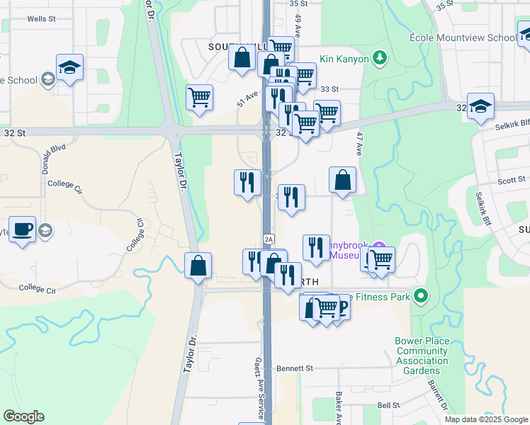 map of restaurants, bars, coffee shops, grocery stores, and more near 2930 Gaetz Avenue in Red Deer