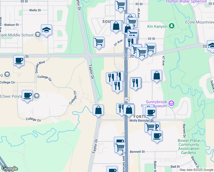 map of restaurants, bars, coffee shops, grocery stores, and more near 2936 50 Avenue in Red Deer