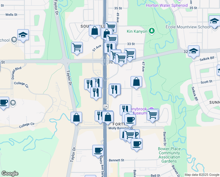 map of restaurants, bars, coffee shops, grocery stores, and more near 4760 30 Street in Red Deer