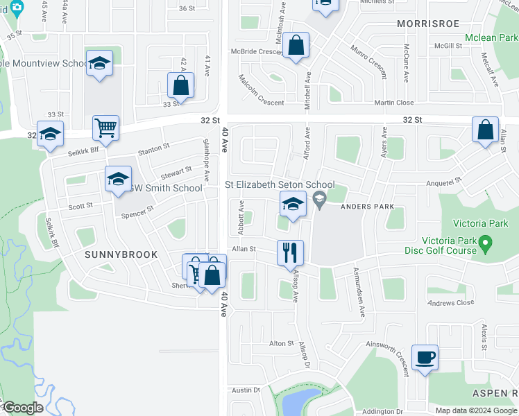 map of restaurants, bars, coffee shops, grocery stores, and more near 35 Abbott Close in Red Deer