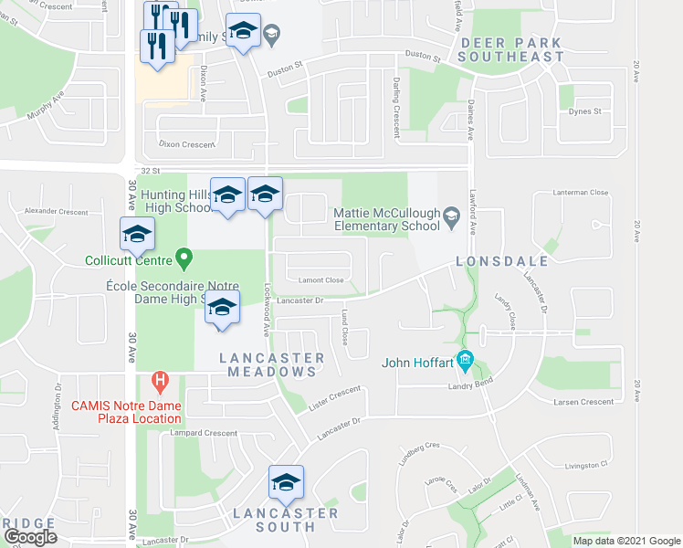map of restaurants, bars, coffee shops, grocery stores, and more near 109 Lamont Close in Red Deer