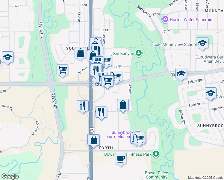 map of restaurants, bars, coffee shops, grocery stores, and more near 3110 47 Avenue in Red Deer