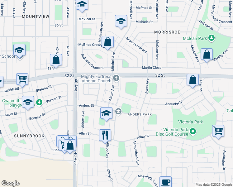 map of restaurants, bars, coffee shops, grocery stores, and more near 31 Alford Avenue in Red Deer