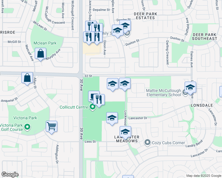 map of restaurants, bars, coffee shops, grocery stores, and more near 150 Lockwood Avenue in Red Deer