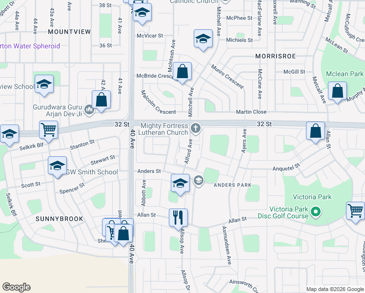 map of restaurants, bars, coffee shops, grocery stores, and more near 20 Alford Avenue in Red Deer