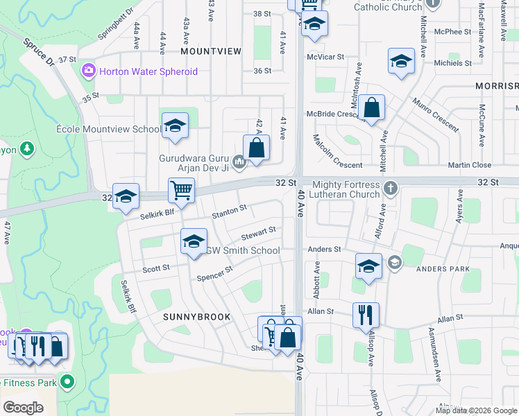 map of restaurants, bars, coffee shops, grocery stores, and more near 9 Stanton Street in Red Deer