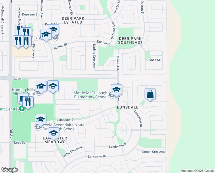 map of restaurants, bars, coffee shops, grocery stores, and more near 60 Lawford Avenue in Red Deer