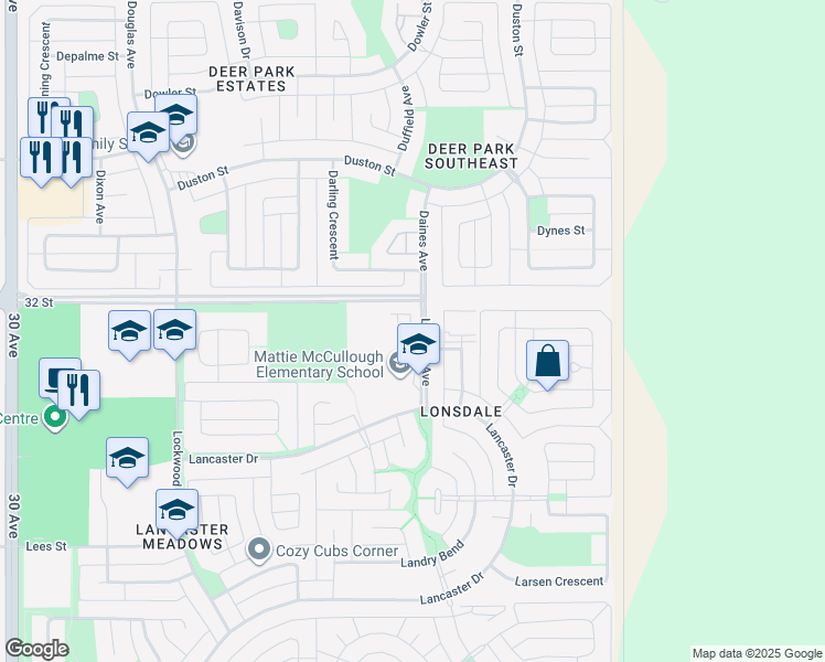 map of restaurants, bars, coffee shops, grocery stores, and more near 61 Lawford Avenue in Red Deer