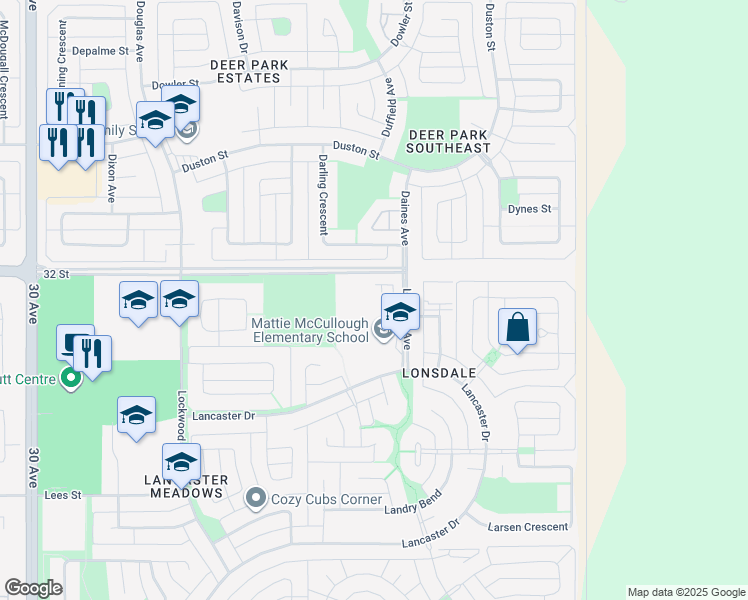 map of restaurants, bars, coffee shops, grocery stores, and more near 61 Lawford Avenue in Red Deer