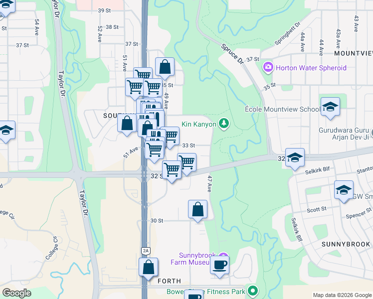 map of restaurants, bars, coffee shops, grocery stores, and more near 4719 33 Street in Red Deer