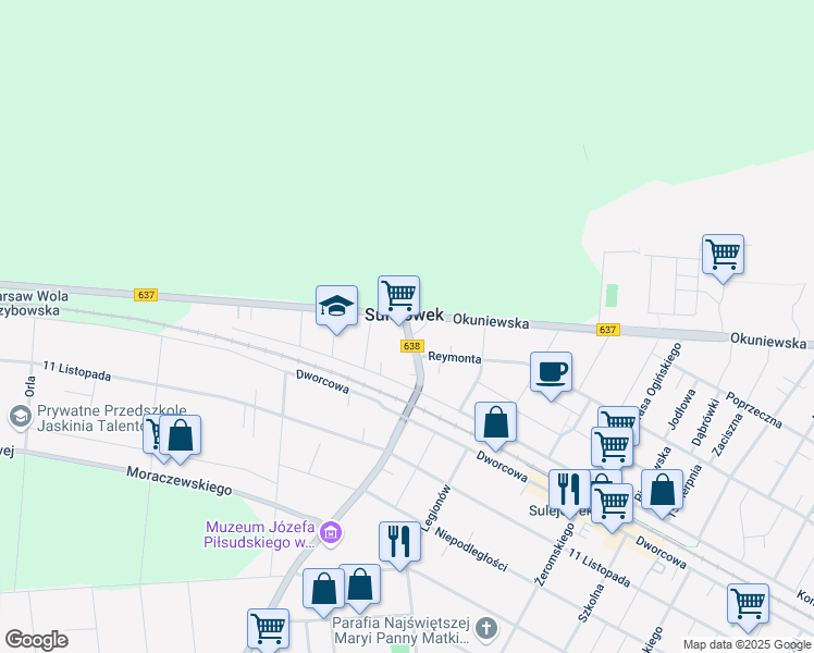 map of restaurants, bars, coffee shops, grocery stores, and more near 3 aleja Piłsudskiego in Sulejówek