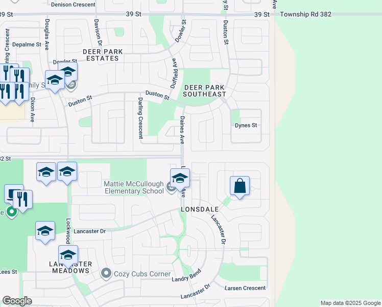 map of restaurants, bars, coffee shops, grocery stores, and more near 2450-2450 32 Street in Red Deer
