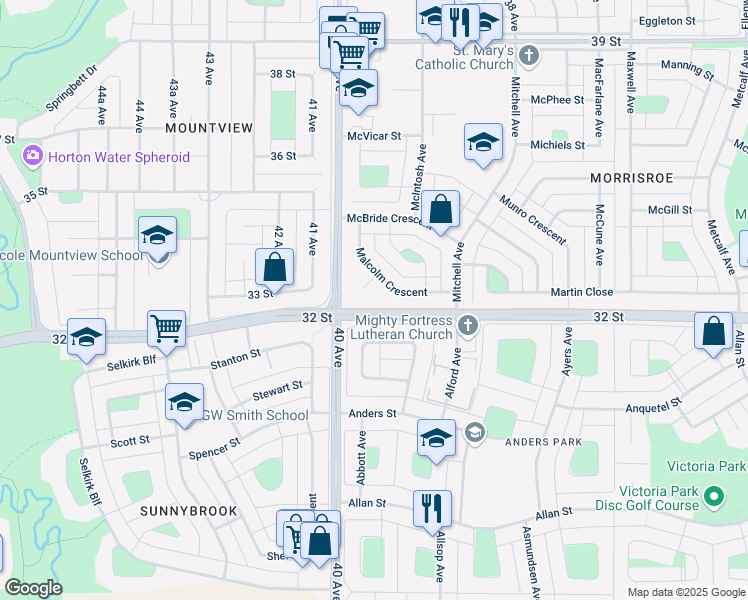 map of restaurants, bars, coffee shops, grocery stores, and more near 7 McConnell Close in Red Deer
