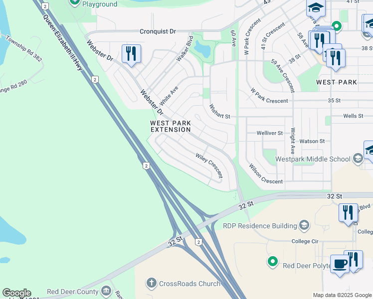map of restaurants, bars, coffee shops, grocery stores, and more near Wiley Crescent in Red Deer