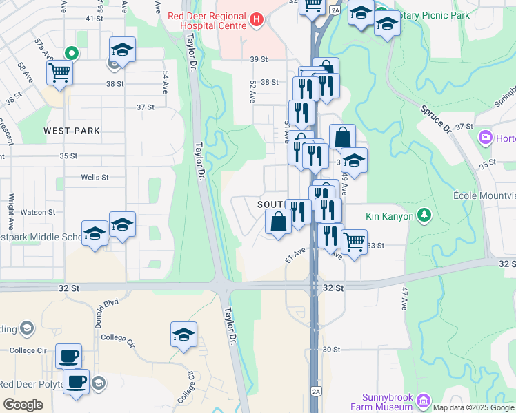 map of restaurants, bars, coffee shops, grocery stores, and more near 6 34 Street in Red Deer