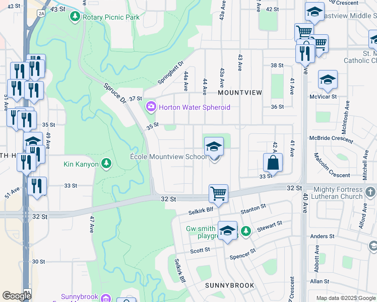 map of restaurants, bars, coffee shops, grocery stores, and more near 4464 34 Street in Red Deer