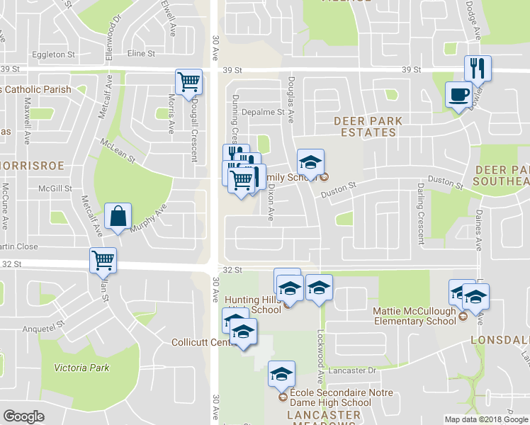 map of restaurants, bars, coffee shops, grocery stores, and more near 8 Dixon Avenue in Red Deer