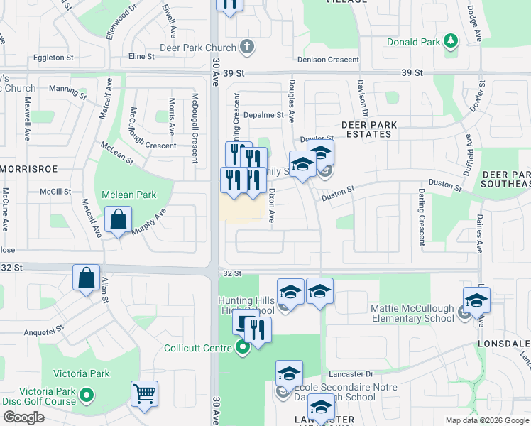 map of restaurants, bars, coffee shops, grocery stores, and more near 8 Dixon Avenue in Red Deer