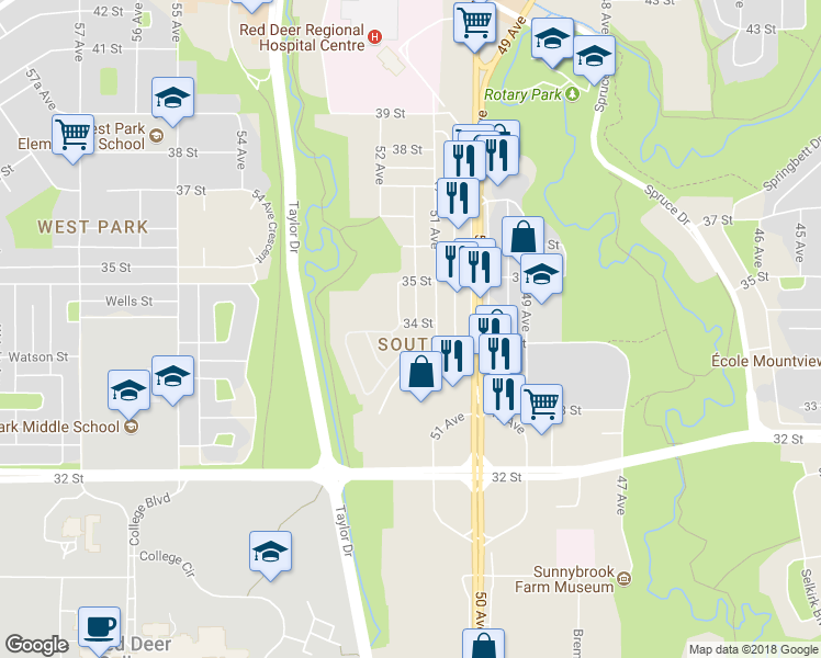 map of restaurants, bars, coffee shops, grocery stores, and more near 6 34 Street in Red Deer