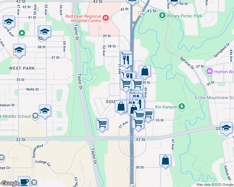 map of restaurants, bars, coffee shops, grocery stores, and more near 3402 51 Avenue in Red Deer