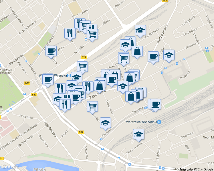 map of restaurants, bars, coffee shops, grocery stores, and more near 27/31 Ząbkowska in Warszawa