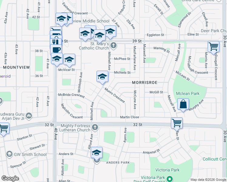 map of restaurants, bars, coffee shops, grocery stores, and more near 2 Mackenzie Crescent in Red Deer