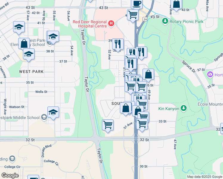 map of restaurants, bars, coffee shops, grocery stores, and more near 5116 35 Street in Red Deer
