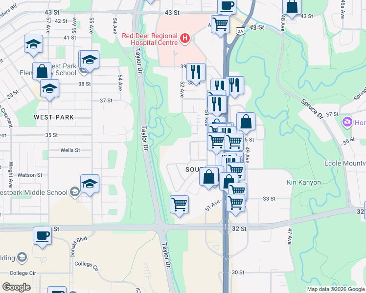 map of restaurants, bars, coffee shops, grocery stores, and more near 3424 52 Avenue in Red Deer