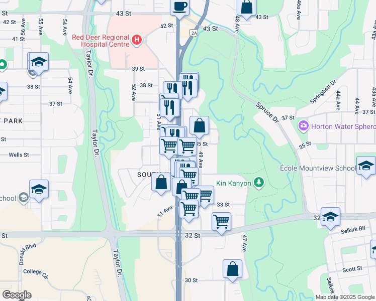 map of restaurants, bars, coffee shops, grocery stores, and more near 8 35 Street in Red Deer