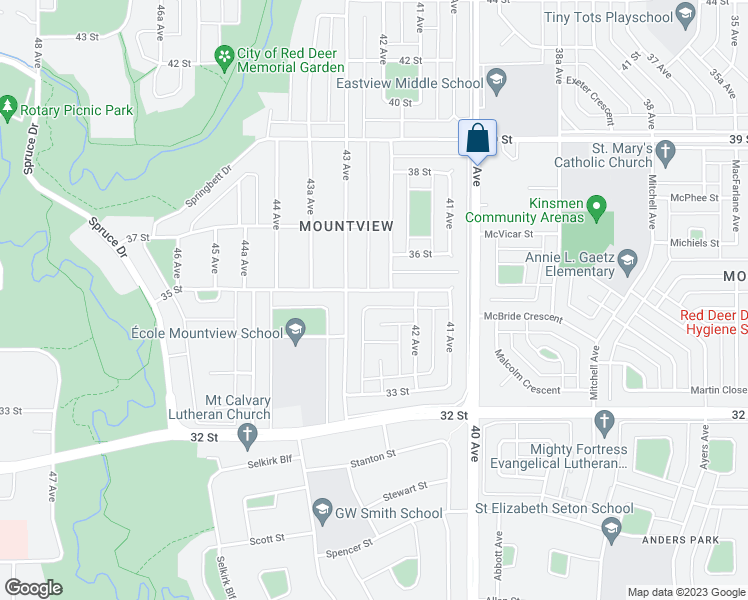 map of restaurants, bars, coffee shops, grocery stores, and more near 4213 35 Street in Red Deer