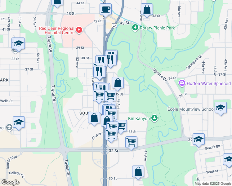 map of restaurants, bars, coffee shops, grocery stores, and more near 8 35 Street in Red Deer