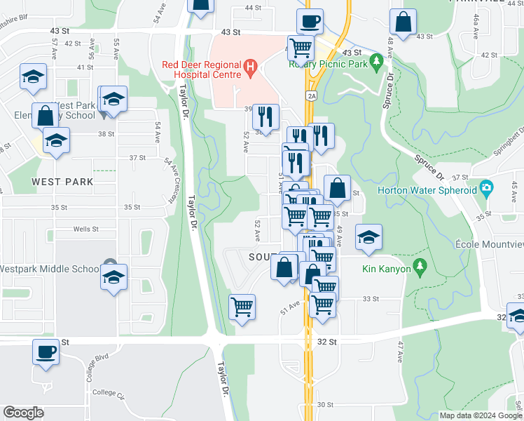 map of restaurants, bars, coffee shops, grocery stores, and more near 5116 35 Street in Red Deer