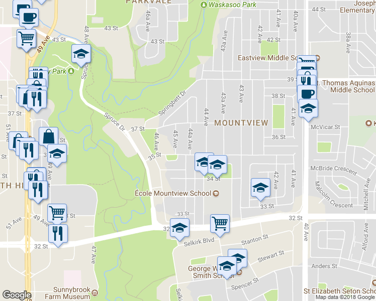 map of restaurants, bars, coffee shops, grocery stores, and more near 4418 35 Street in Red Deer