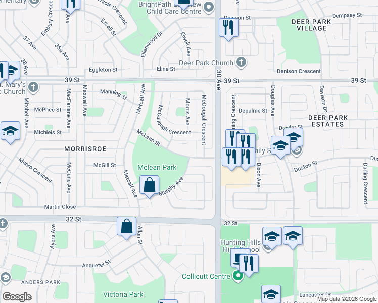 map of restaurants, bars, coffee shops, grocery stores, and more near 40 McLean Street in Red Deer