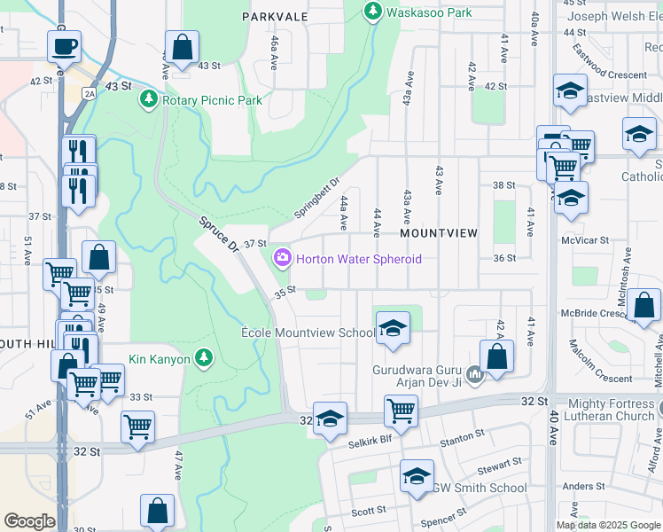map of restaurants, bars, coffee shops, grocery stores, and more near 4418 35 Street in Red Deer