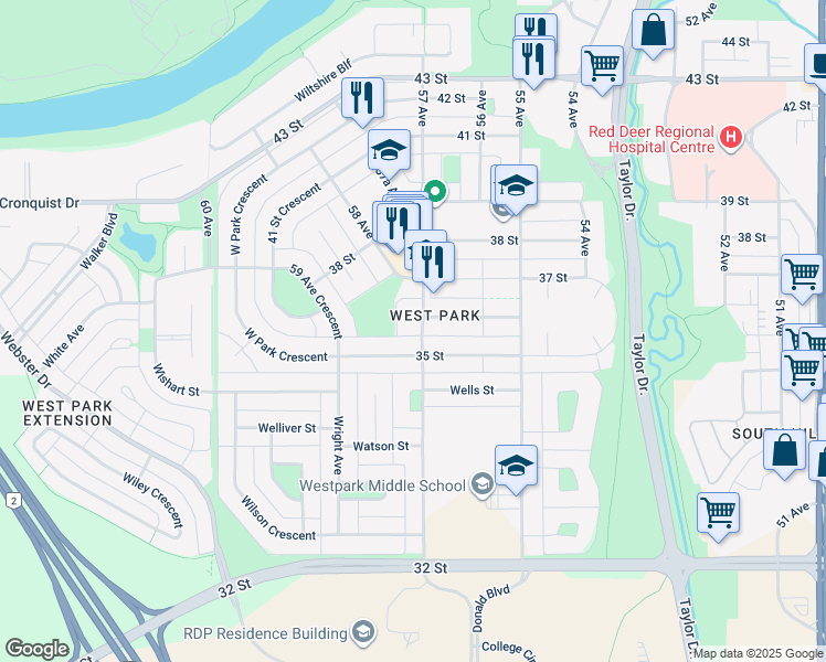 map of restaurants, bars, coffee shops, grocery stores, and more near 3614 57 Avenue in Red Deer